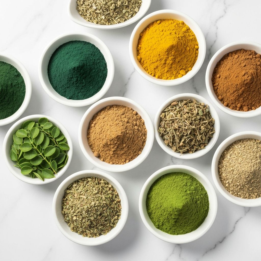 Variety of natural supplement ingredients in bowls